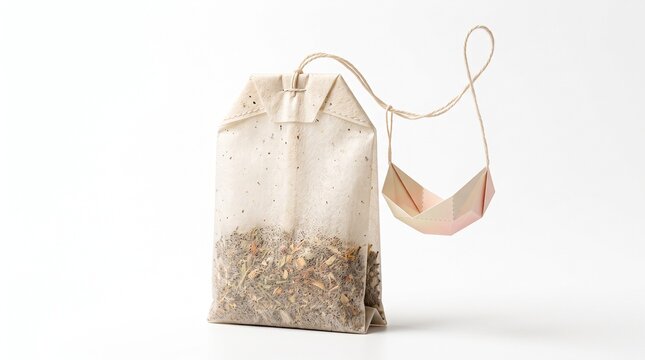 Minimalist herbal tea bag with origami boat tag, organic loose leaf tea infusion on white background, creative tea packaging design