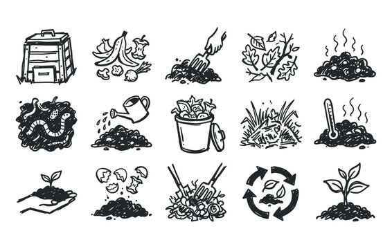 Hand drawn doodle vector illustrations of organic composting process and kitchen waste recycling with wooden compost bin decomposing food scraps earthworms steaming manure pile and fertile soil mulch