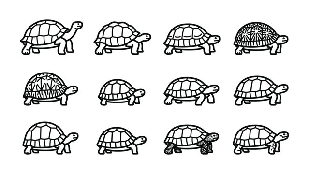 Turtle Collection: A graphic illustration showcasing a variety of tortoises, each with unique shell patterns, displayed in a grid of twelve.