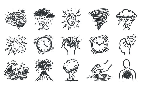 Hand drawn mental health and stress concept vector collection featuring doodle style anxiety depression emotional overload and psychological struggle design elements