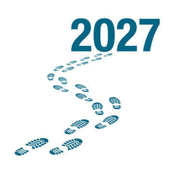 Journey through time winding path footsteps illustration concept for the year 2027 travel road concept