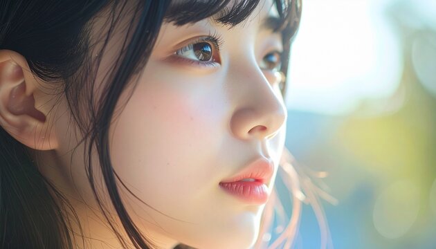 20代女性の超接写横顔、自然な表情と素肌の質感