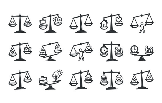 Justice weighing scale and financial decision making black ink line art clipart set featuring dollar investment profit loss plus minus symbols and legal business equality