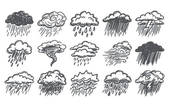Meteorological autumn weather forecast and severe tempest concepts black ink line art clipart set featuring overcast dark rainclouds hurricane wind and thunder flashes
