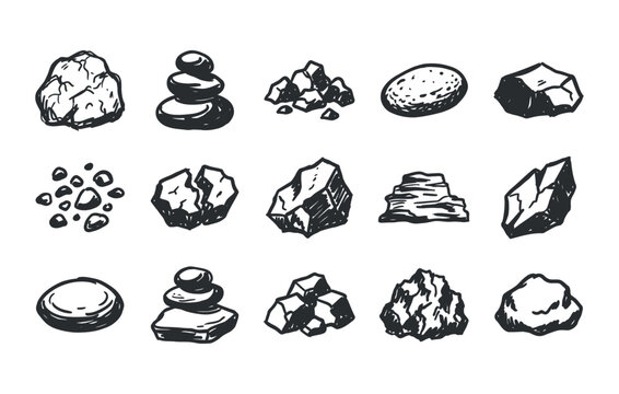 Natural stone and pebble illustration set showcasing doodle style stacked meditation rocks pebble fragments rough geological textures and heavy boulder graphics for outdoor themes