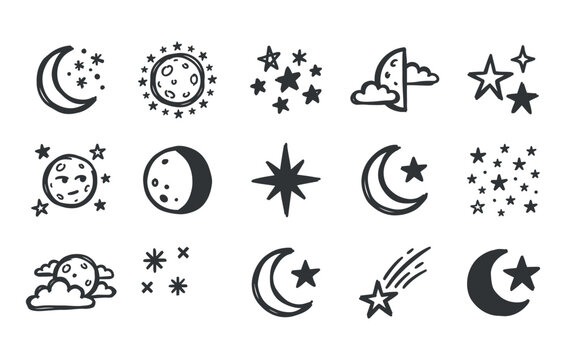 Mystical astrology horoscope graphics and celestial navigation astronomy elements with twinkling star clusters North star shining comet and lunar surface in monochrome sketch drawings collection