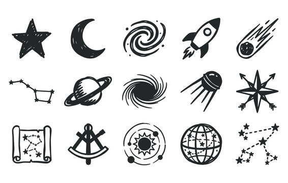 Pen sketched universe exploration asset bundle containing celestial bodies orbiting spheres satellite hardware star map scrolls and deep space vortex symbols