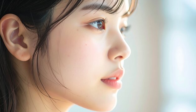 20代女性の超接写横顔、自然な表情と素肌の質感