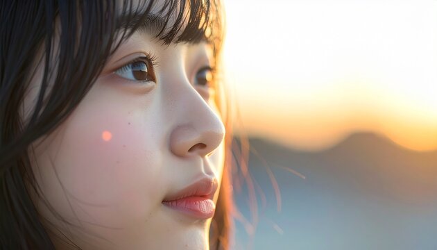 20代女性の超接写横顔、自然な表情と素肌の質感