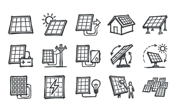 Clean ecological solar power generation elements with photovoltaic cell modules ground mount arrays electric lightning bolt and solar park field in monochrome sketch drawings collection