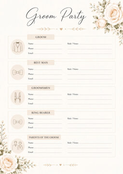Elegant wedding groom party template with floral decoration. Perfect for organizing wedding party roles, contacts and notes. Editable, printable design.