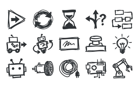 Computer programming logic and algorithm workflow black ink line art clipart set featuring flowchart diagrams loop cycle branching decision arrows and timer hourglass