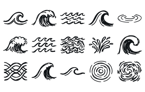 Creative doodle style fluid movement and water ripple illustration set featuring rough sea surges splashing droplets swirling vortex symbols and natural flowing liquid design elements