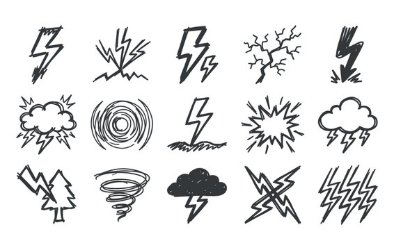 Detailed hand drawn energy blasts and lightning strike vector illustration set containing dynamic weather forces swirling winds and powerful voltage graphics