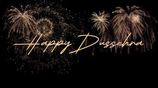 Happy Dussehra handwritten text animation with fireworks in the background, designed for Hindu festival greetings, Dussehra celebrations, festive videos, and social media content.