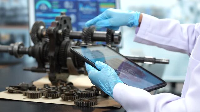 Technician in blue gloves uses a tablet beside an exposed gearbox and metal gears in a modern industrial workshop.