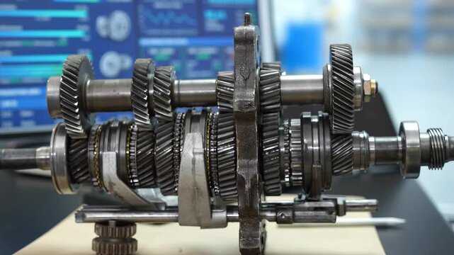 Close-up of a manual transmission gearbox with metal gears and shafts on a workshop bench, with a blurred diagnostic screen in the background.