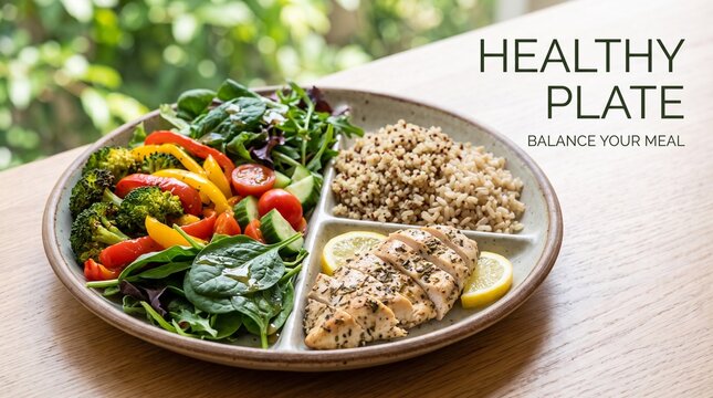 Healthy balanced meal plate with grilled chicken breast, quinoa, and fresh vegetable salad with broccoli, bell peppers, tomatoes, and cucumbers on a wooden table world diabetes day