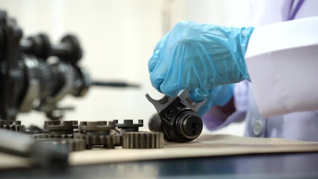Close-up of a technician in blue gloves inspecting a fuel injector with a wrench beside gears and engine parts in a repair workshop.