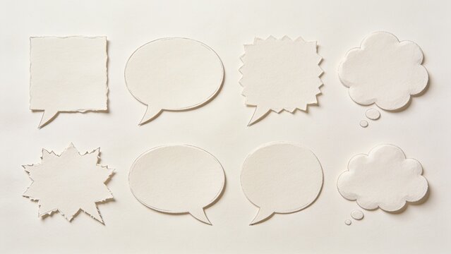 Image  a collection of twelve speech and thought bubbles arranged in a grid-like layout on a plain background. Each bubble is crafted fromfeatures a textured, off-white paper material, giving them a h