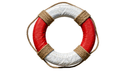 Red and white life preserver ring with rope accents, isolated on transparent background © Marie