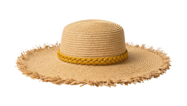Straw sun hat with braided yellow band and frayed brim, isolated on transparent background