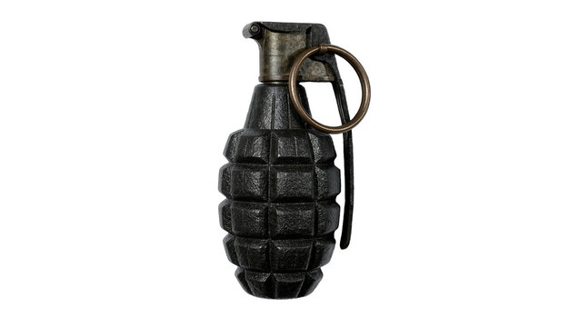 Dark textured fragmentation hand grenade with metal ring, isolated on transparent background
