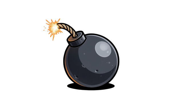 Round black bomb with lit fuse and sparks, isolated on transparent background