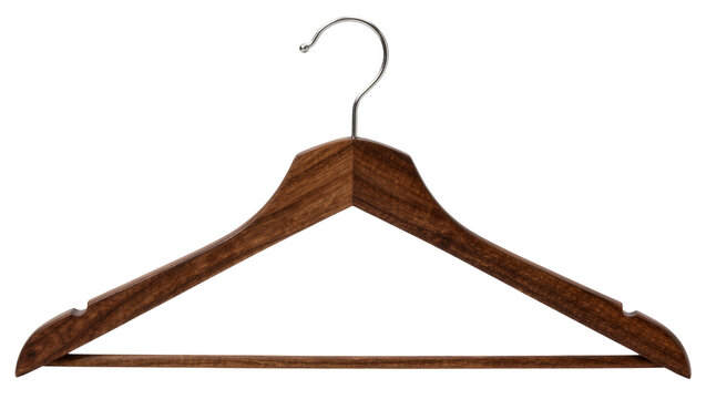 Dark brown wooden clothes hanger with silver metal hook, isolated on transparent background