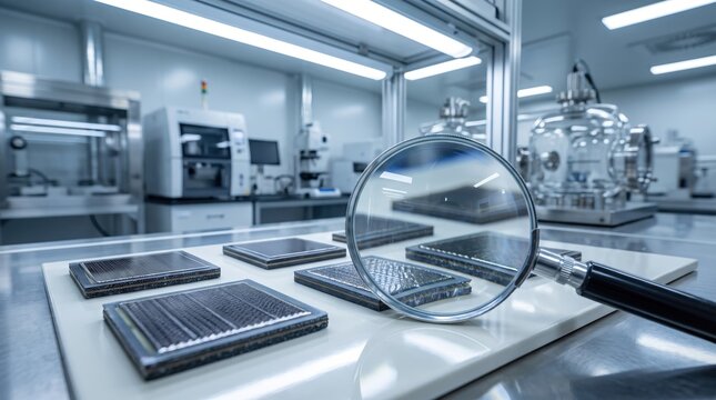 Magnifying glass inspecting high-tech semiconductor microchips and solar panels in a modern cleanroom laboratory