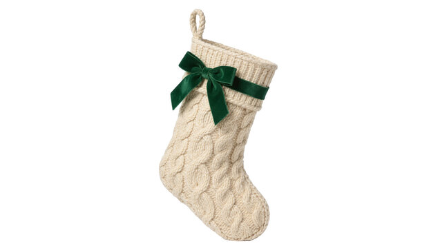 Cream cable knit Christmas stocking with green velvet bow, isolated on transparent background
