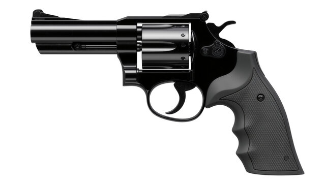 Glossy black revolver handgun with textured grip, isolated on transparent background