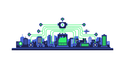 Obraz premium Sustainable Smart City Energy Grid Concept with Renewable Power Connections and Battery Storage Vector