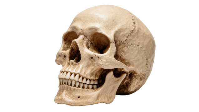 Realistic human skull with detailed bone texture, isolated on transparent background