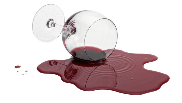 Spilled red wine from a tipped over wine glass, isolated on transparent background