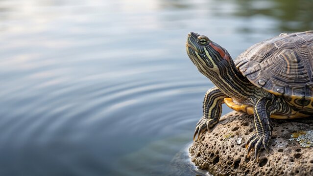 Freshwater turtle resting by the water