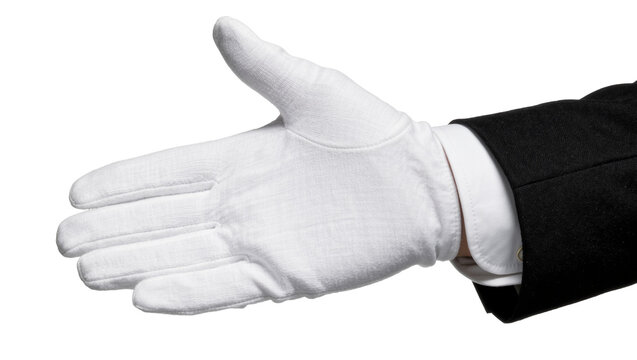 White gloved hand offering handshake, isolated on transparent background