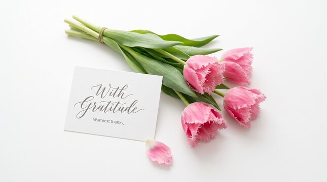 Pink fringed tulips with gratitude card on white background, elegant spring flower bouquet, thank you note with floral arrangement