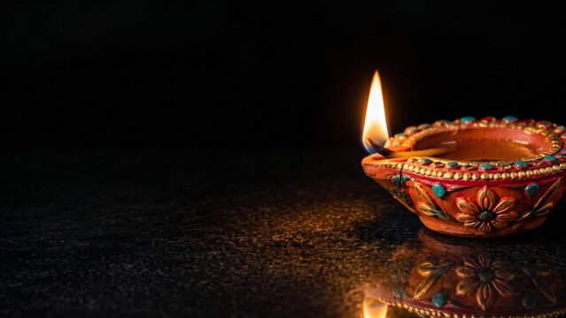 Diya lamp glowing on dark background