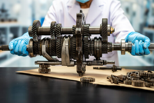 Automotive technician in blue gloves examining a disassembled manual transmission gearbox with metal gears on a workshop table.