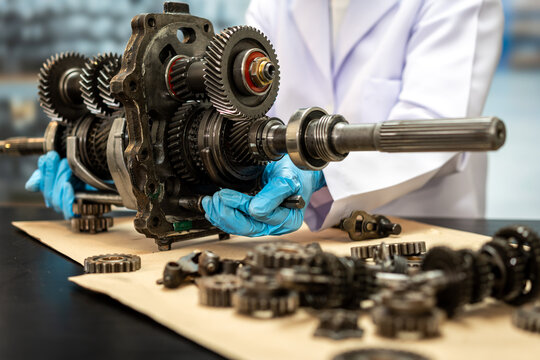Mechanic in blue gloves repairing a disassembled manual transmission gearbox with gears, shafts and metal parts on a workshop table.