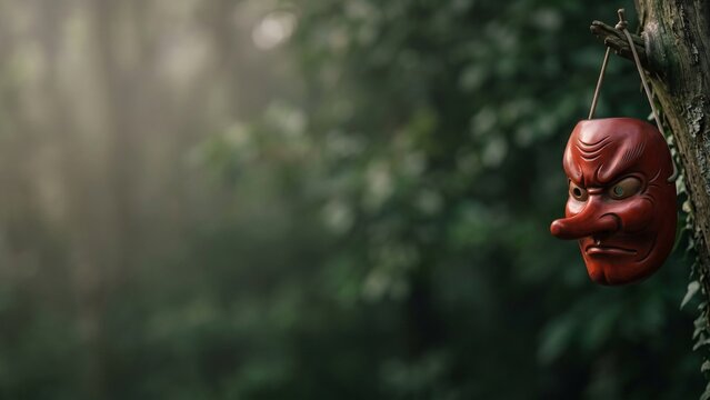 Traditional Japanese tengu mask in a forest