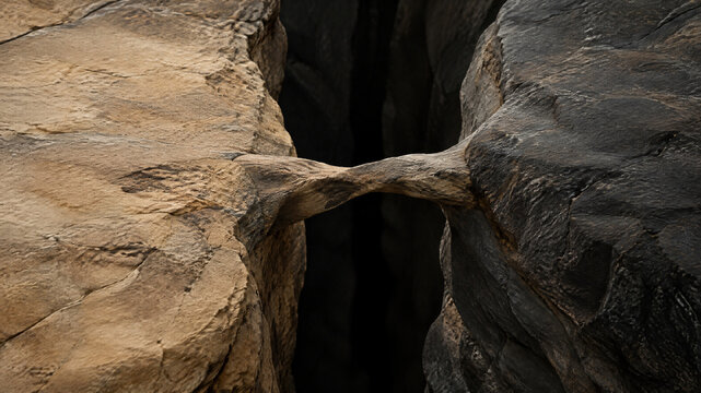Natural stone bridge connecting two rocky cliffs, narrow rock arch over deep dark canyon, metaphorical bridge for business connection and risk