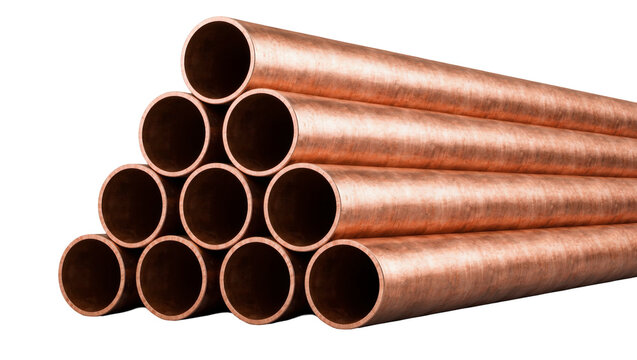 Stack of shiny copper pipes, isolated on transparent background