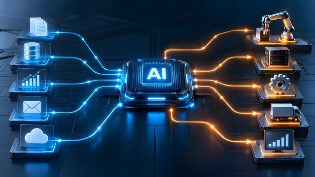 Central artificial intelligence microchip distributing network tasks to industrial robotic arm and delivery truck depicting smart logistics and digital supply chain automation
