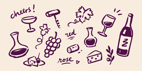 Obraz premium Wine and Cheese Hand Drawn Doodle Set