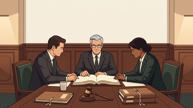 Corporate liquidation asset disposal insolvency bankruptcy board meeting vector illustration of official liquidator and legal council reviewing asset inventory ledger with gavel on boardroom table