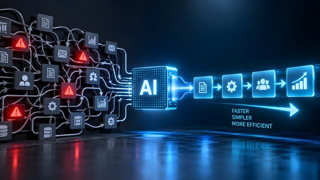 Tangled web of data and warning alerts entering an AI processor and emerging as a streamlined workflow illustrating artificial intelligence making business processes faster and more efficient