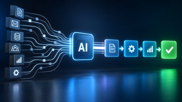Stacked vertical data inputs streaming into a central AI processor and emerging as an optimized sequence ending in a green checkmark depicting digital transformation and automated task validation