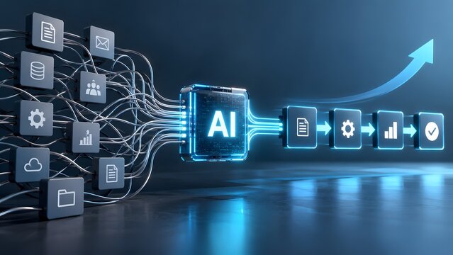 Tangled data network passing through an AI processor to become an optimized workflow with an upward arrow symbolizing intelligent business automation and operational growth
